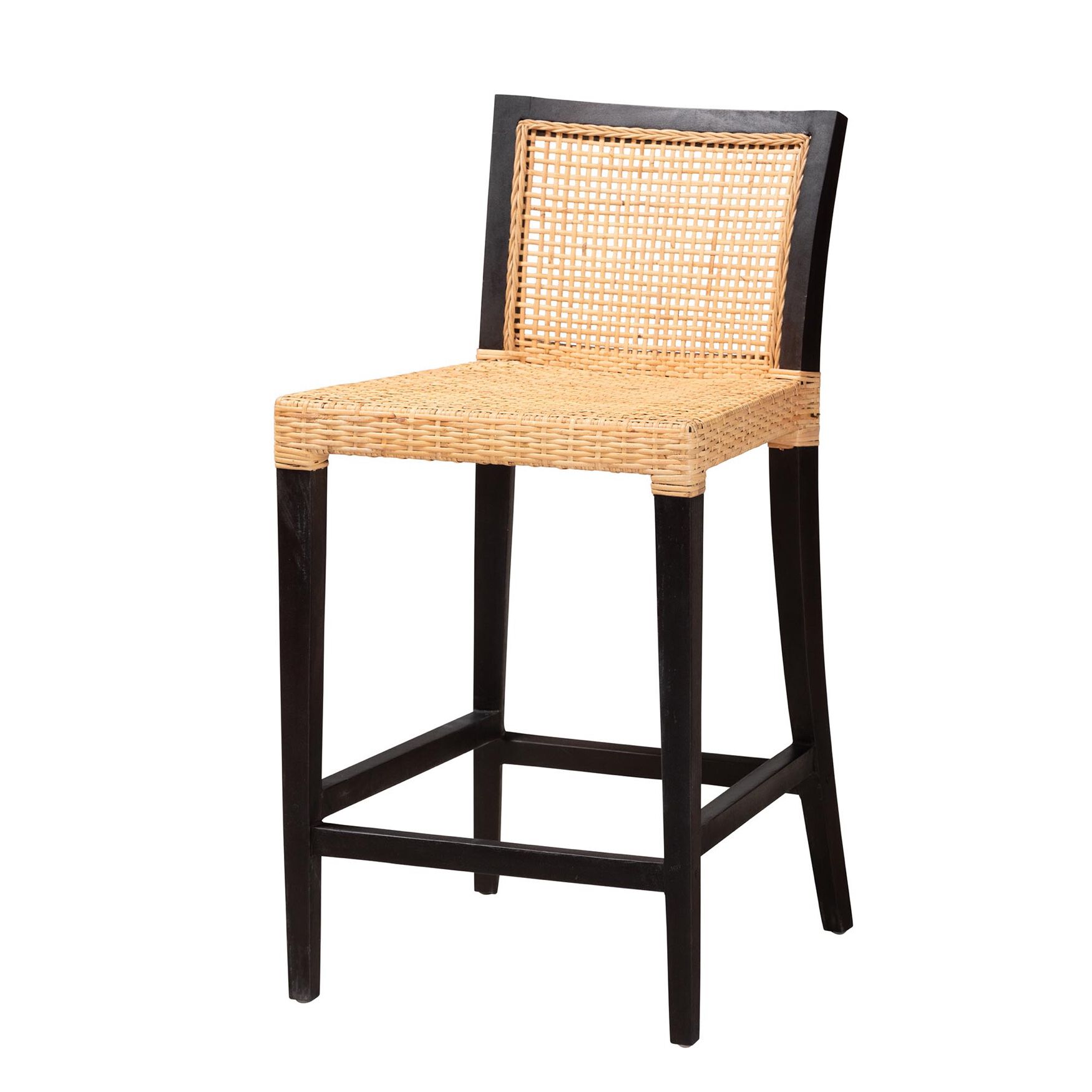 Lingga Modern Bohemian Dark Brown Mahogany Wood And Natural Rattan Counter Stool, DARK BROWN MAHOGANY, hi-res image number 0