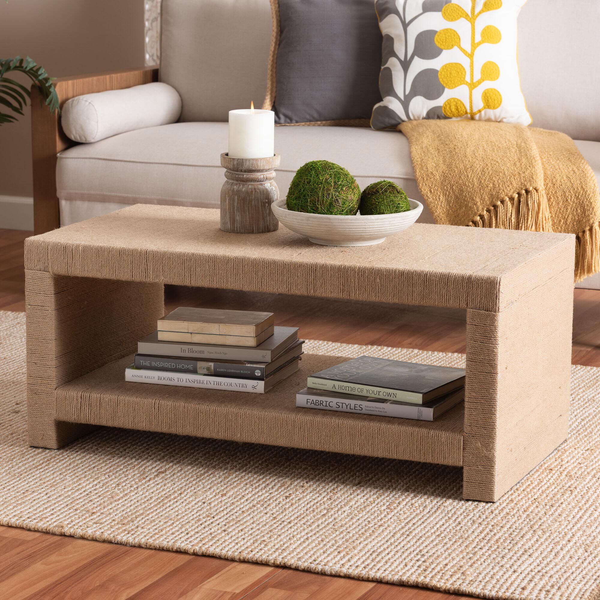 Adaya Handwoven Jute Coffee Table - Rectangular Living Room Center Table with Open Shelf Storage, BROWN, hi-res image number 0