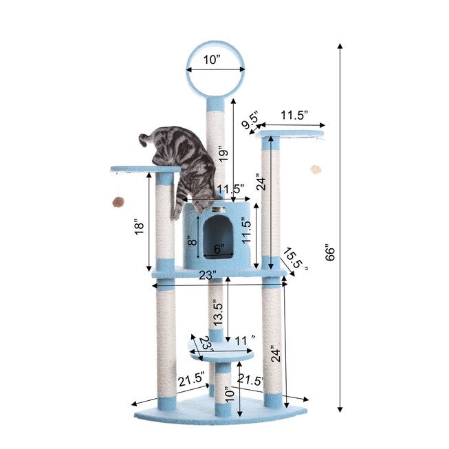 Classic 65 inches Real Wood Five Levels Cat Tree With Perch, Condo, Hanging Tunnel, , alternate image number 4