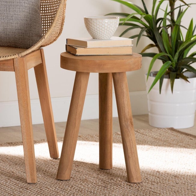 Terah Mid-Century Modern Natural Brown Teak Wood Ottoman Footstool, , alternate image number null