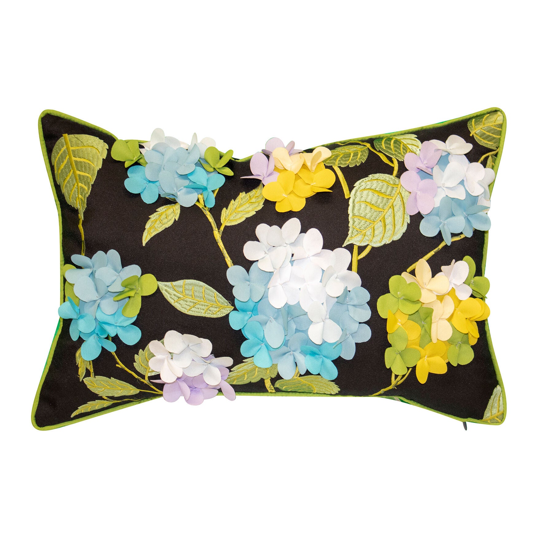 Indoor & Outdoor Dimensional Hydrangea Lumbar Decorative Pillow, BLACK MULTI, hi-res image number 0