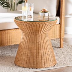 Nina Bohemian Light Honey Braided Rattan End Table with Glass Tabletop