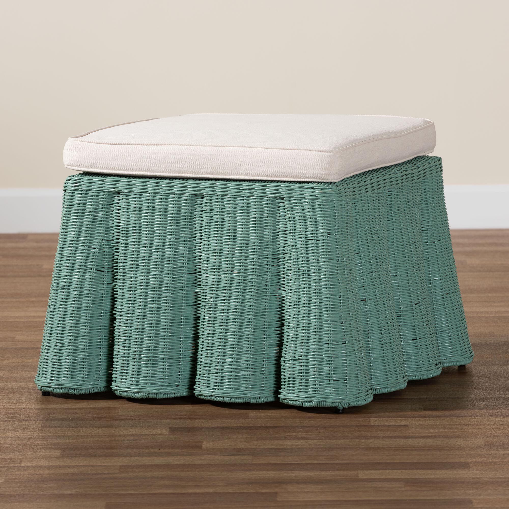 Palm Bohemian White Scallop Rattan Ottoman, GREEN, alternate image number 6
