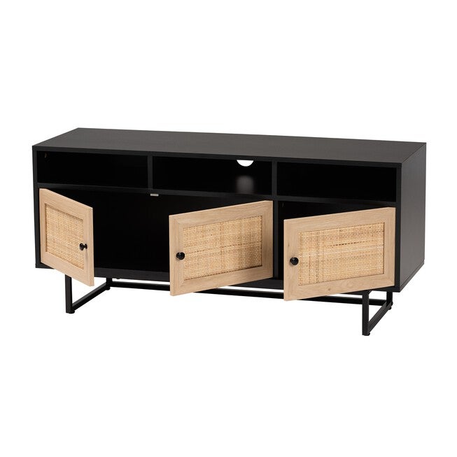 Declan Mid-Century Modern Espresso Brown Finished Wood And Natural Rattan 3-Door Tv Stand, , on-hover image number null