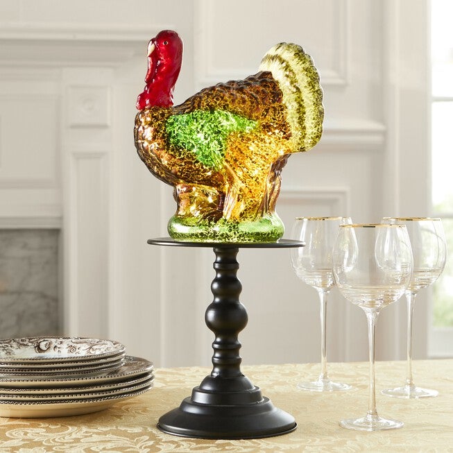 17 ¼"H Pre-lit Glass Turkey On Metal Stand, MULTI, hi-res image number 0