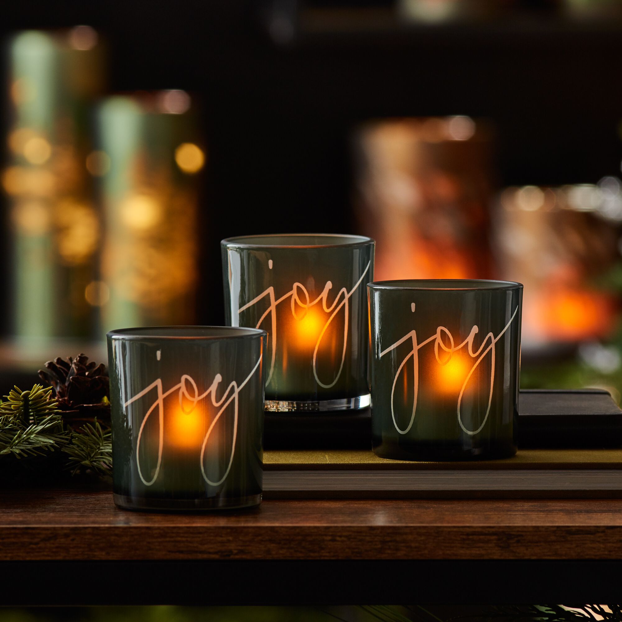 Green Glass Joy Candle Holder (Set of 3), GREEN, alternate image number 1