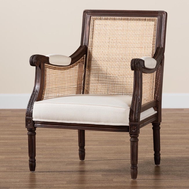 Desmond Traditional French Beige Fabric And Dark Brown Finished Wood Accent Chair, , alternate image number null