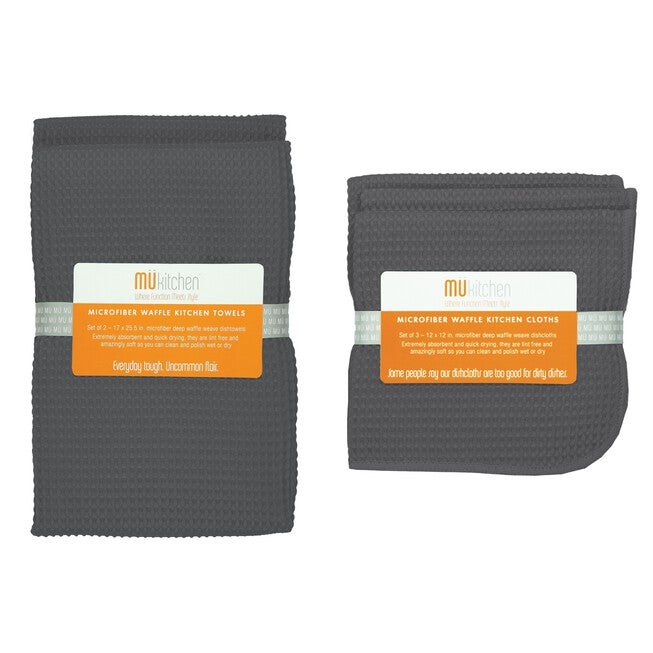Microfiber Waffle Cloth & Towel 5pc Set, GRAY, hi-res image number 0