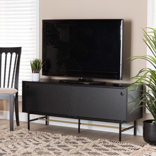 Truett Modern Dark Brown Finished Wood And Two-Tone Black And Gold Metal Tv Stand, , alternate image number null