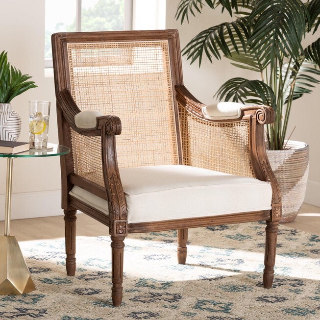 Desmond Traditional French Beige Fabric And Dark Brown Finished Wood Accent Chair, , alternate image number null