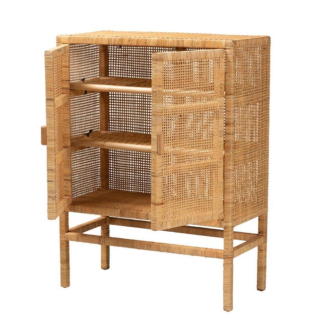 Vivan Modern Bohemian Natural Brown Rattan And Mahogany Wood 3-Shelf Storage Cabinet, , on-hover image number null