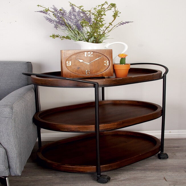 Brown Pine and Metal Traditional Bar Cart, 30x25x16, , alternate image number null