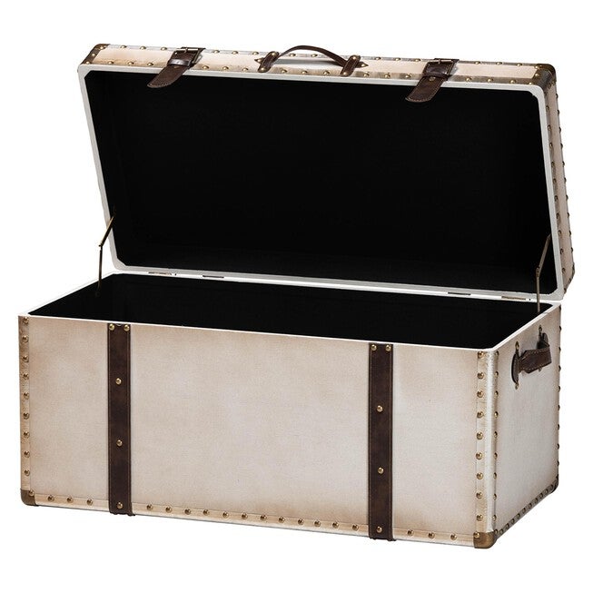 Nevio Vintage Weathered White Canvas Storage Trunk, BEIGE, alternate image number null