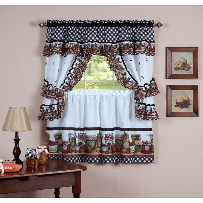 Mason Jars Window Curtain Set, BLACK WHITE, hi-res image number null
