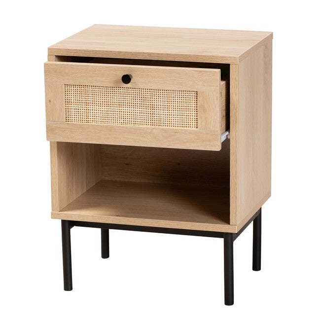 Sherwin Mid-Century Modern Light Brown And Black 1-Drawer End Table With Woven Rattan Accent, , on-hover image number 1
