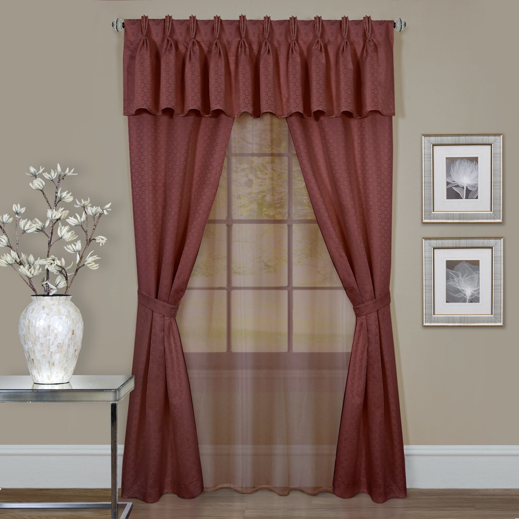 Claire 6 Pc Window Curtain Set, MARSALA, hi-res image number 0