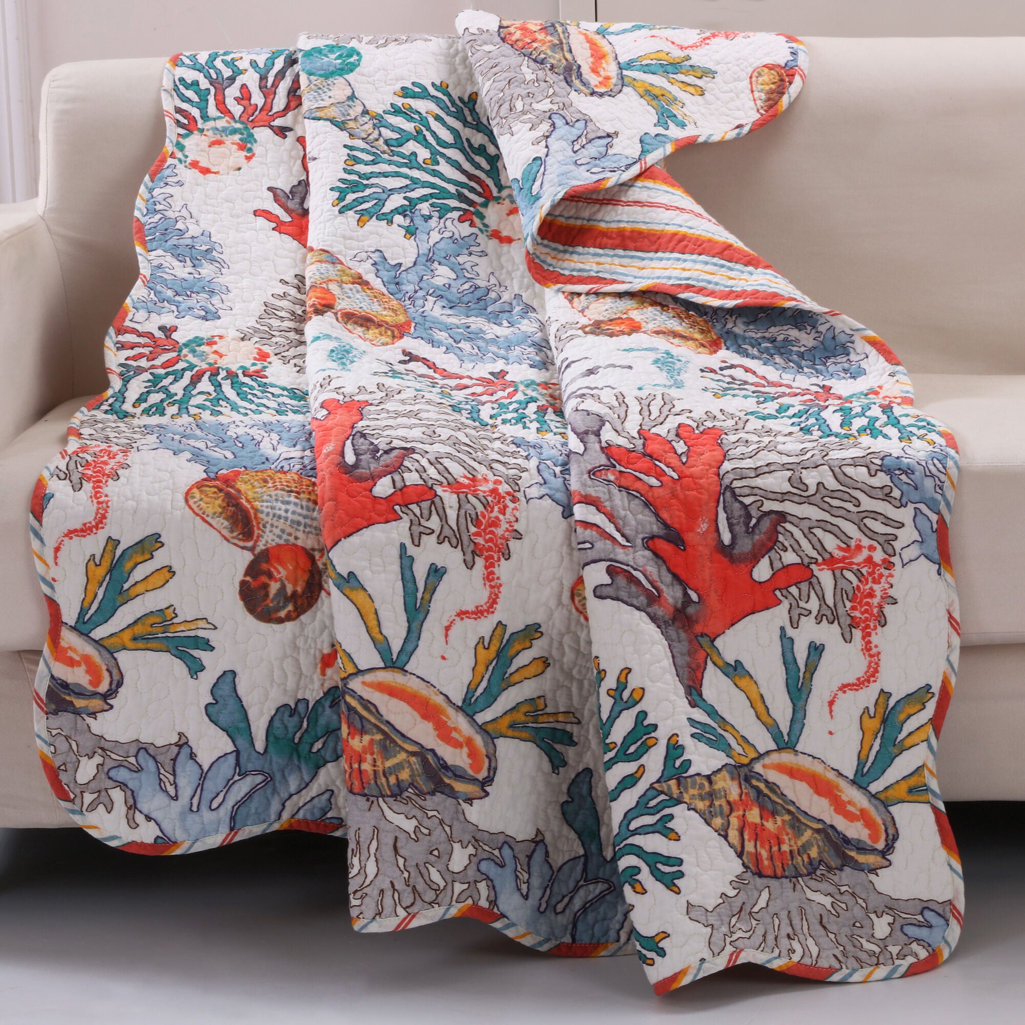 Atlantis Coral Coastal Quilted Throw Blanket, Coral, CORAL, hi-res image number 0