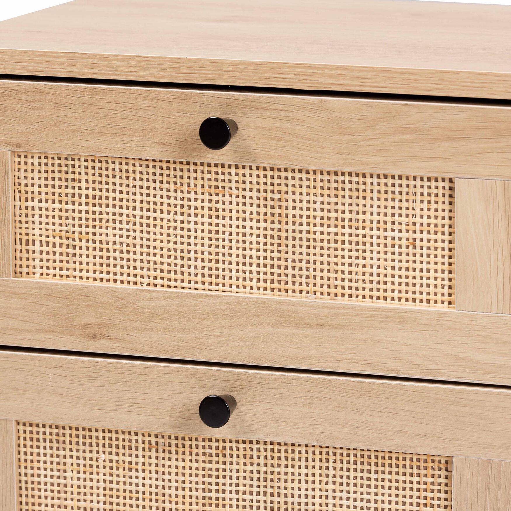Sherwin Mid-Century Modern Light Brown And Black 2-Drawer End Table With Woven Rattan Accent, , alternate image number 4