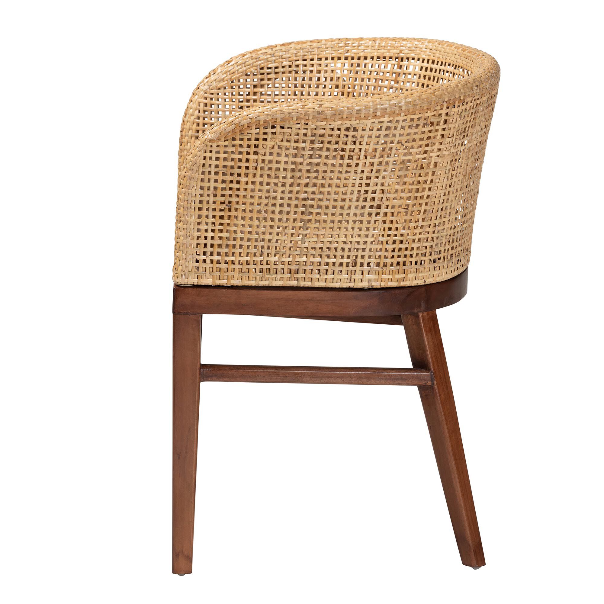 Papua Modern Bohemian Natural Rattan and Walnut Brown Acacia Wood Dining Chair, BROWN, alternate image number 4