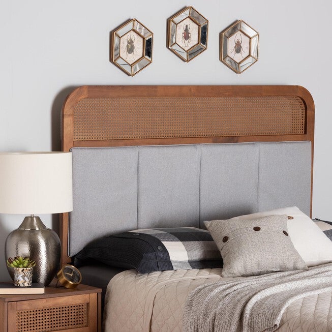 Esti Mid-Century Modern Light Grey Fabric And Ash Walnut Finished Wood King Size Headboard With Rattan, , alternate image number null