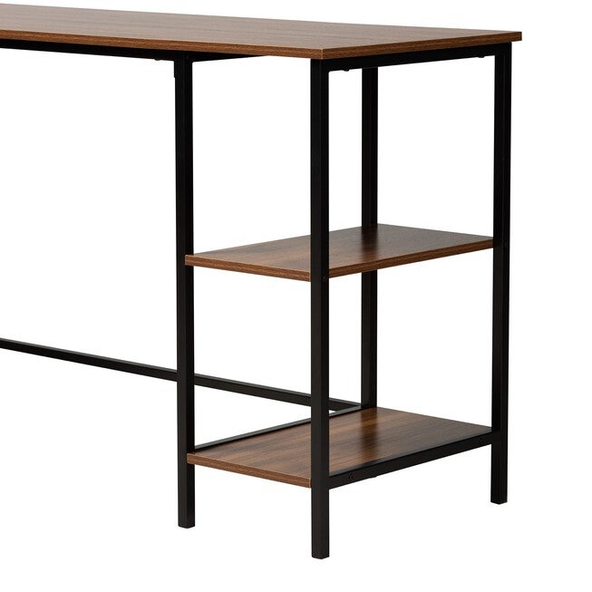 Lydia Modern Walnut Brown Finished Wood And Black Metal L-Shaped Corner Desk With Shelves, , alternate image number null