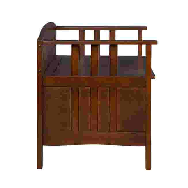 Wooden storage bench with slatted back and side view