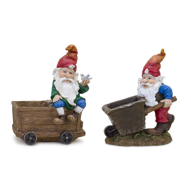 Garden Gnome Figurine With Wagon And Wheelbarrow (Set Of 2), BROWN, hi-res image number 0