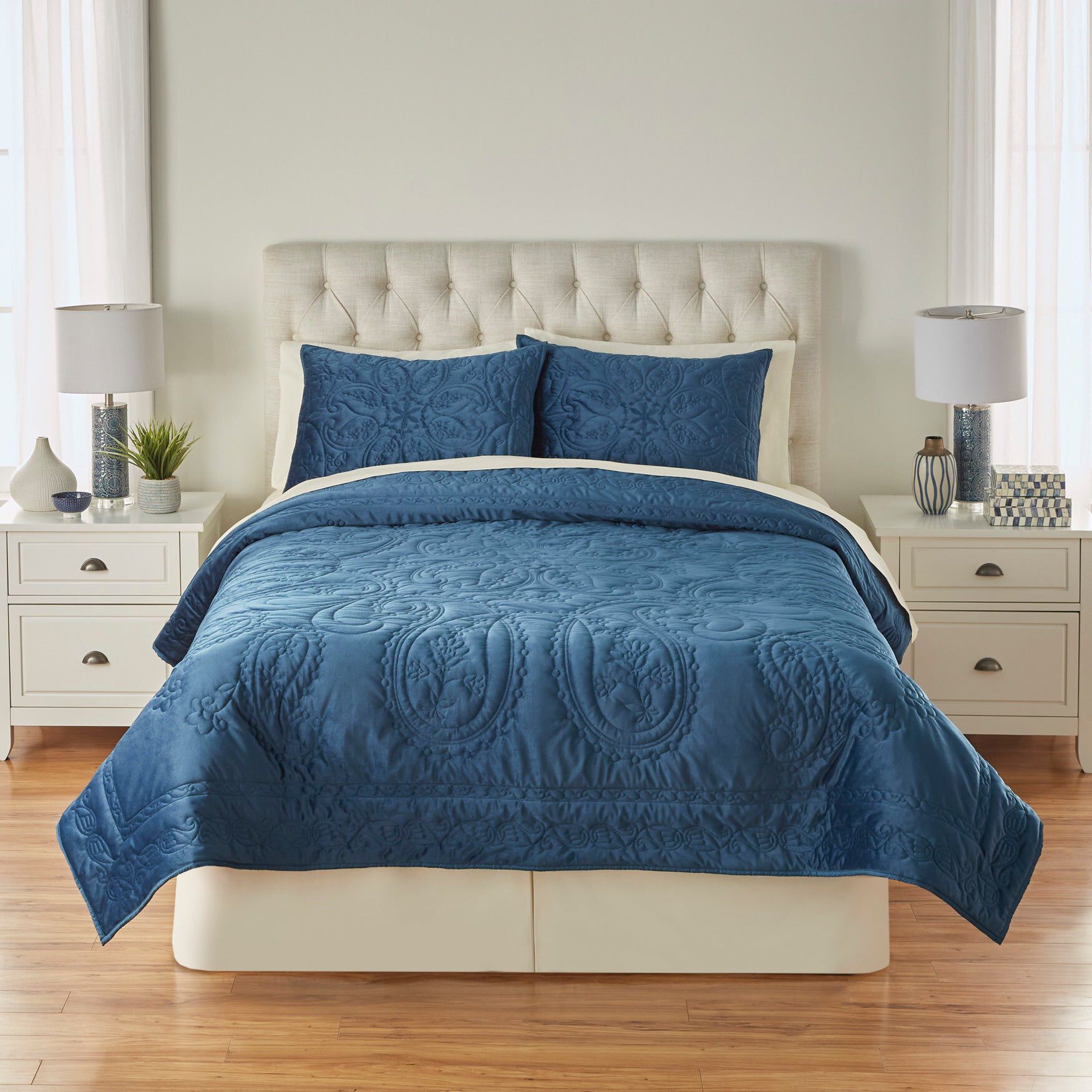 Embroidered Velvet Quilt Set, BLUE, hi-res image number 0