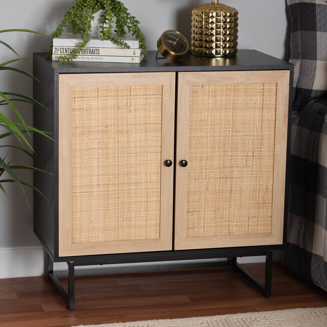 Declan Mid-Century Modern Espresso Brown Finished Wood And Natural Rattan 2-Door Storage Cabinet, , alternate image number null