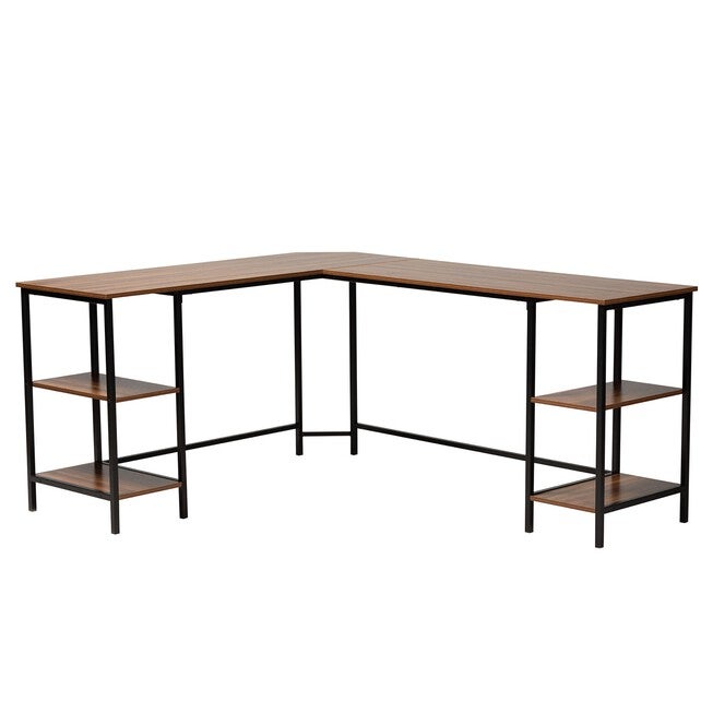 Lydia Modern Walnut Brown Finished Wood And Black Metal L-Shaped Corner Desk With Shelves, WALNUT BROWN, hi-res image number null