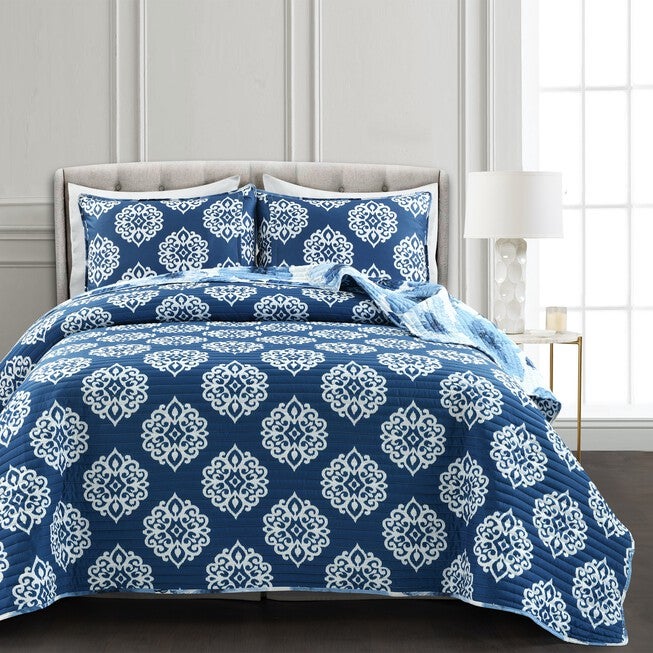 Lush Décor Leah Reversible Quilt Navy/White 3Pc Set, , on-hover image number 1