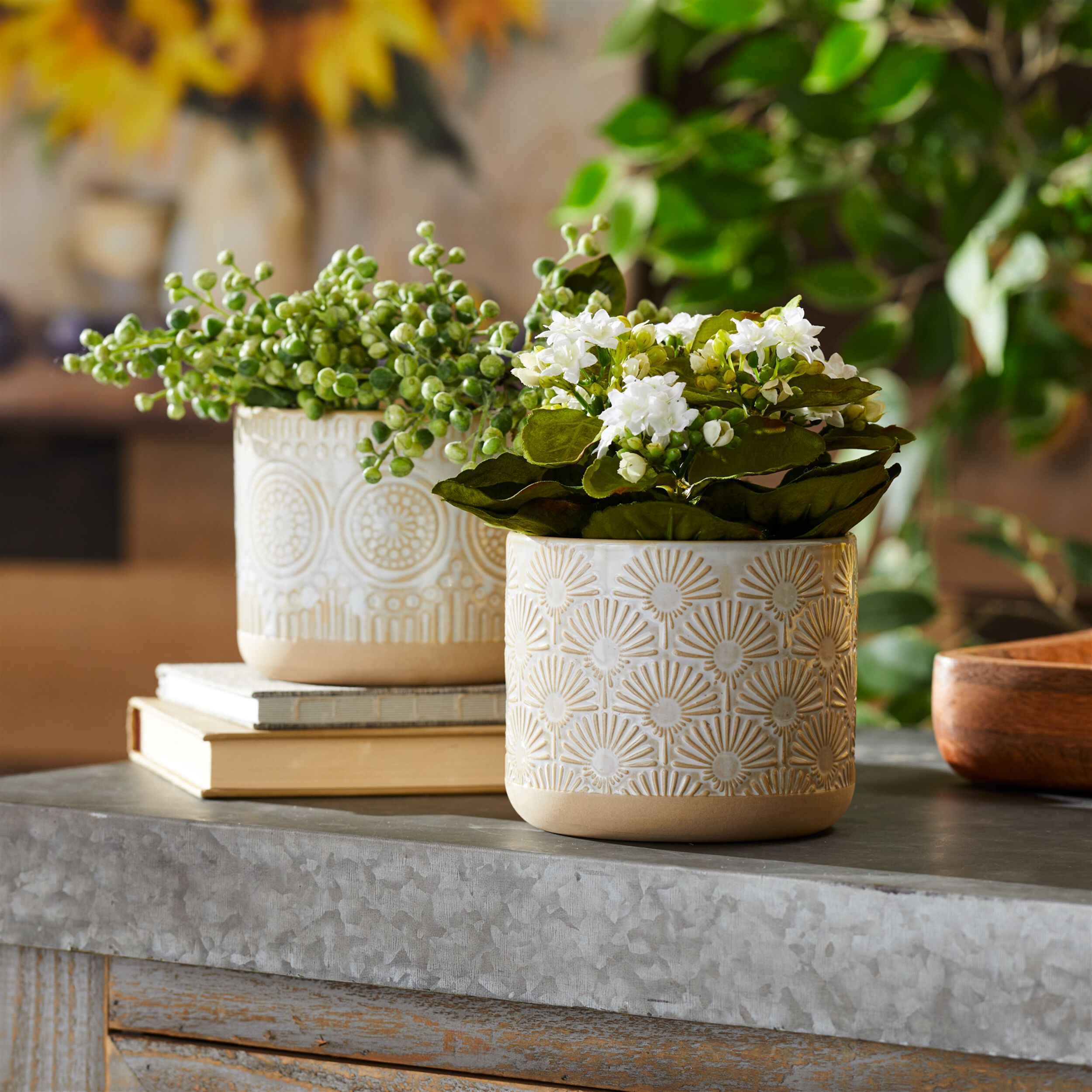 Porcelain Geometric Patterned Planter Set of 2, BEIGE, alternate image number 1