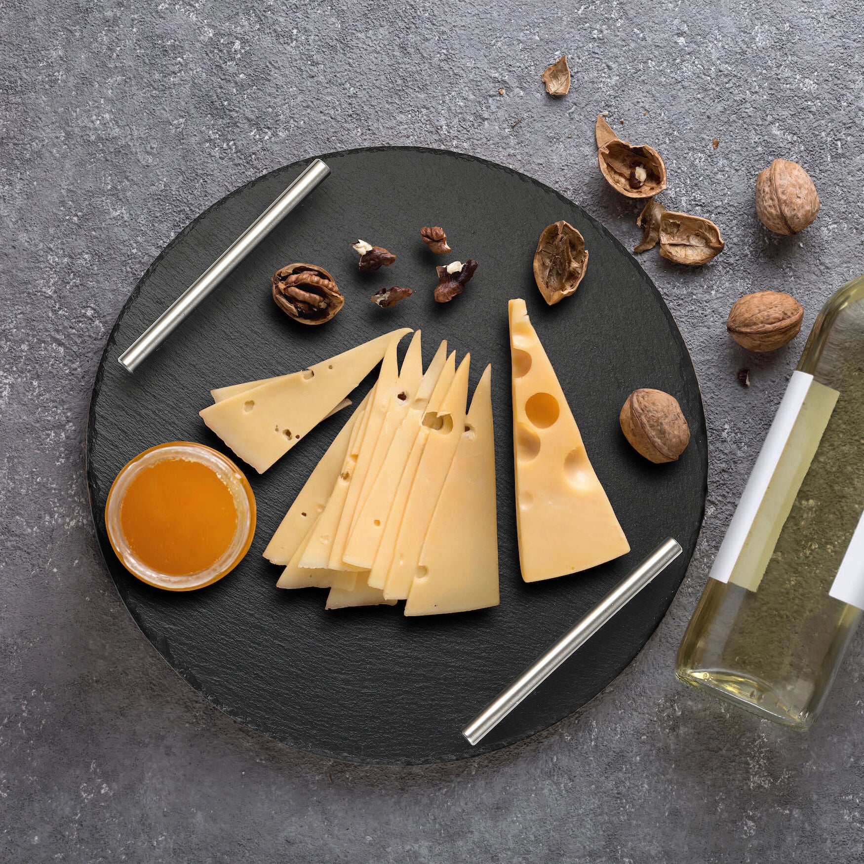 Rounde Slate Stone Serving Tray With Stainless Steel Handkles - Kit, , alternate image number 7