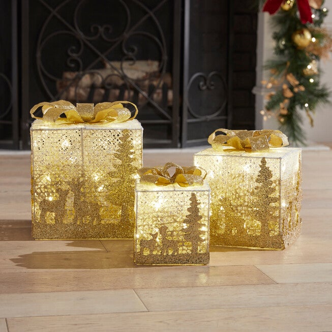 PRE-LIT SHIMMERING GIFT BOXES, SET OF 3, WHITE GOLD, hi-res image number null