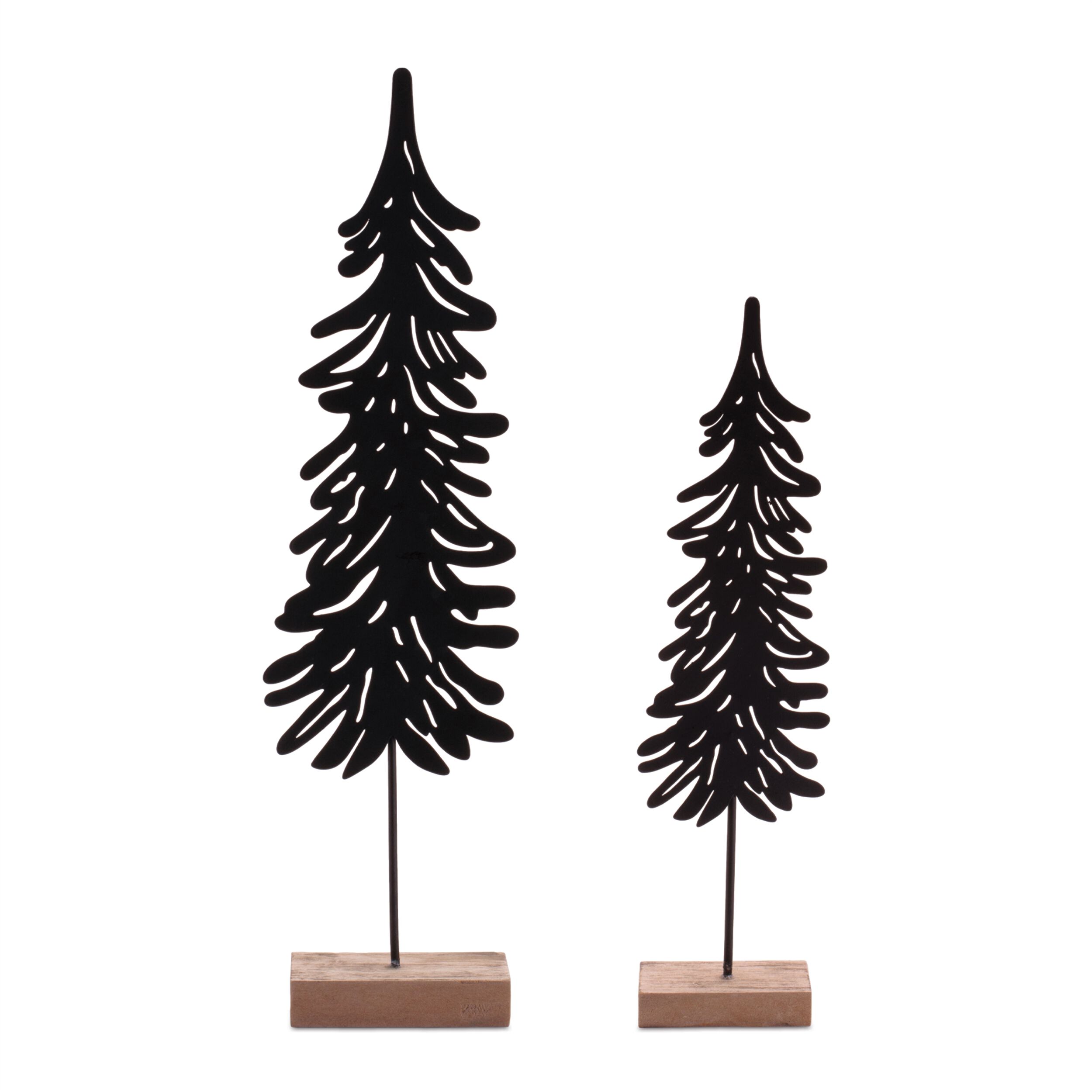 Cut-Out Metal Pine Tree with Wood Base (Set of 2), BLACK BROWN, alternate image number 1