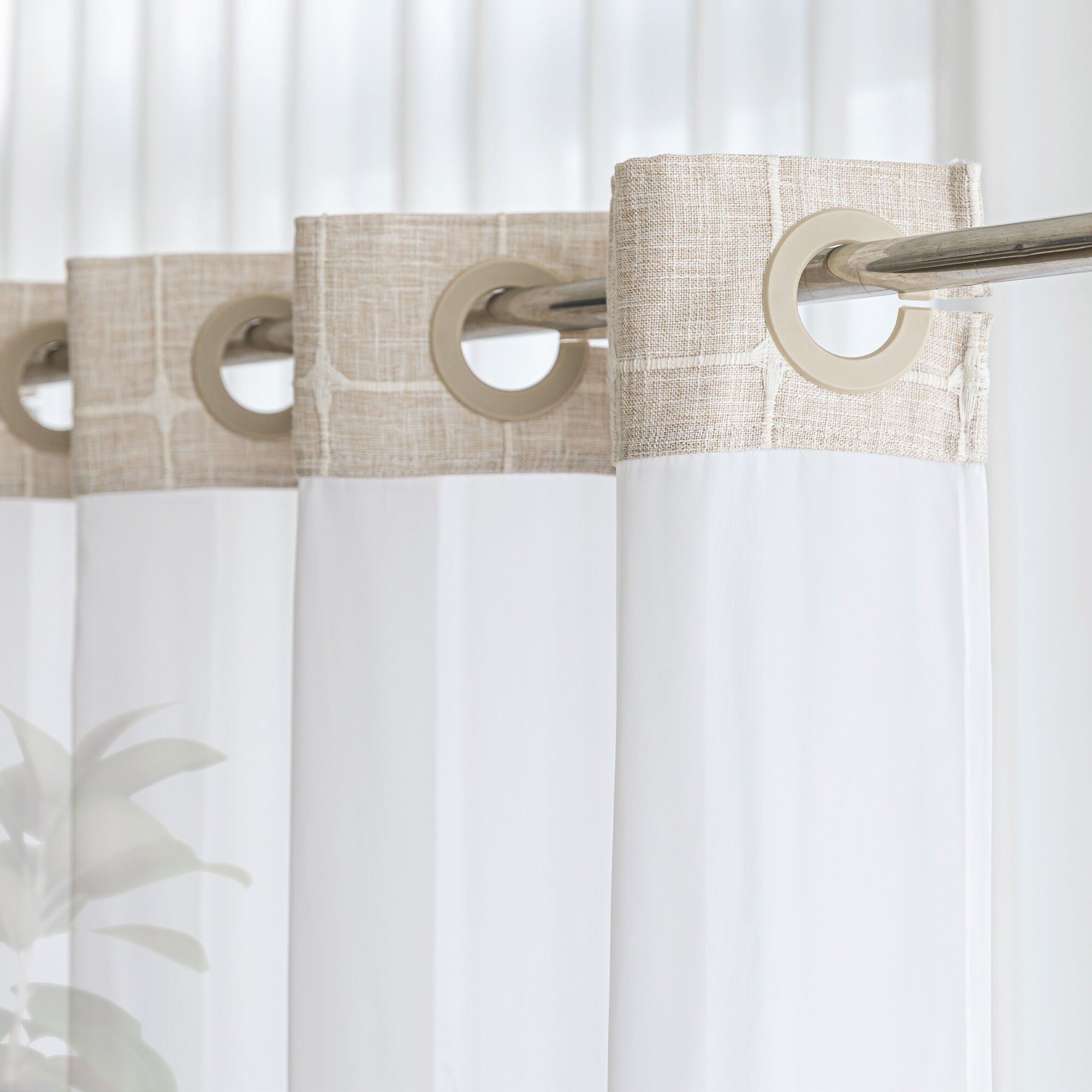 No Hook Geometric Tassels Shower Curtain with Snap-in Liner, CREAM, alternate image number 3