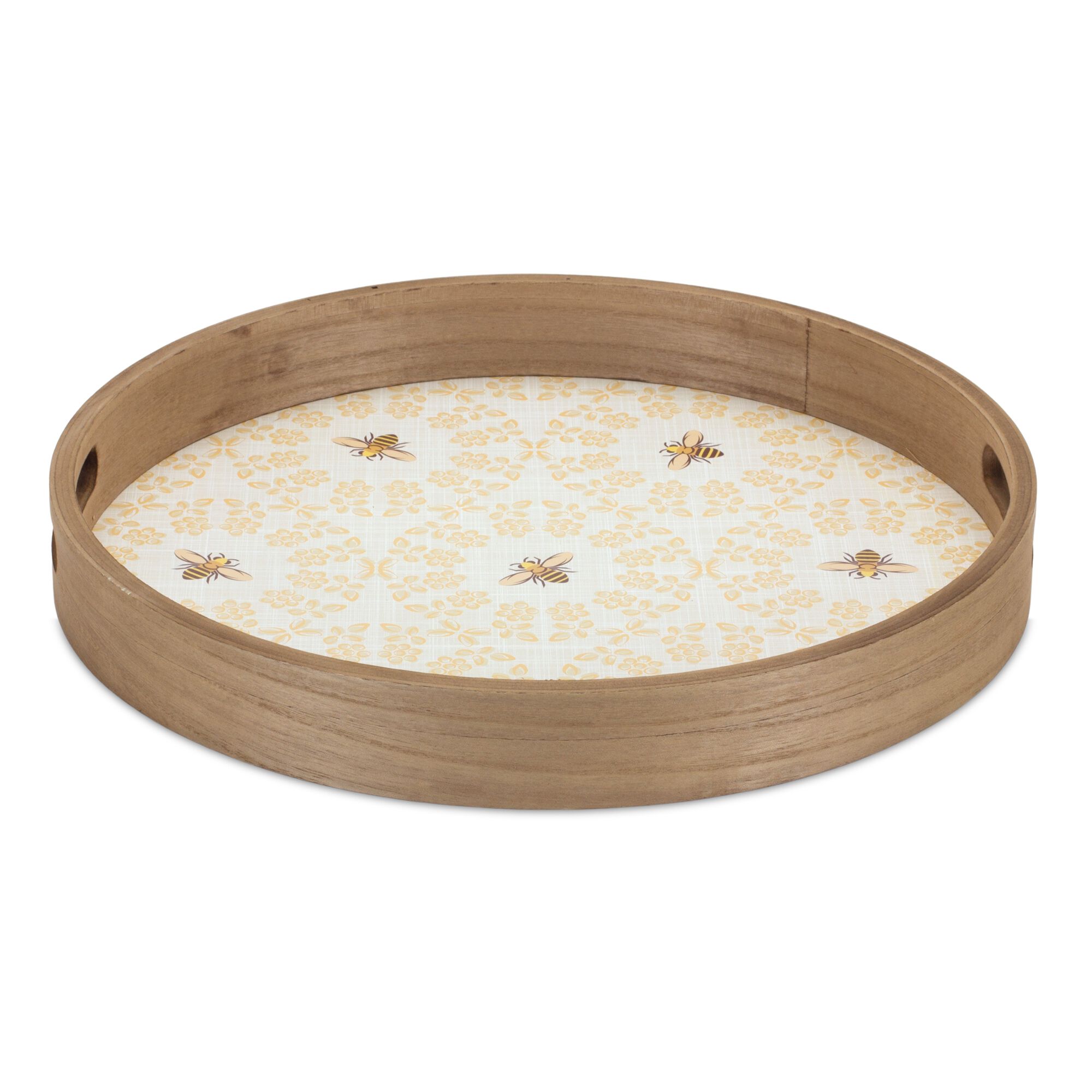 Round Bumble Bee Tray with Natural Wooden Accents (Set of 2), YELLOW BROWN, alternate image number 1