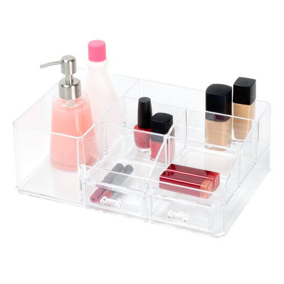 Clearly Chic Makeup Cosmetic Jewelry Organizer Display Box 6 Comp With 2 Drawers, CLEAR, hi-res image number null