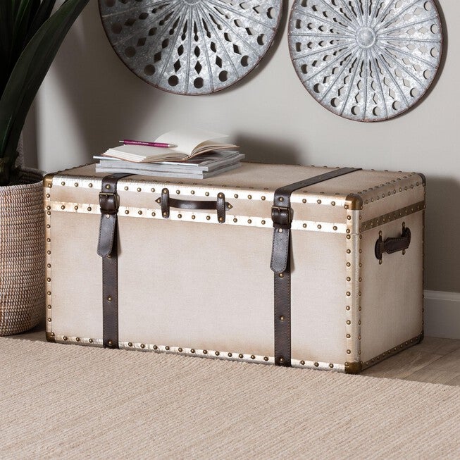Nevio Vintage Weathered White Canvas Storage Trunk, BEIGE, hi-res image number null