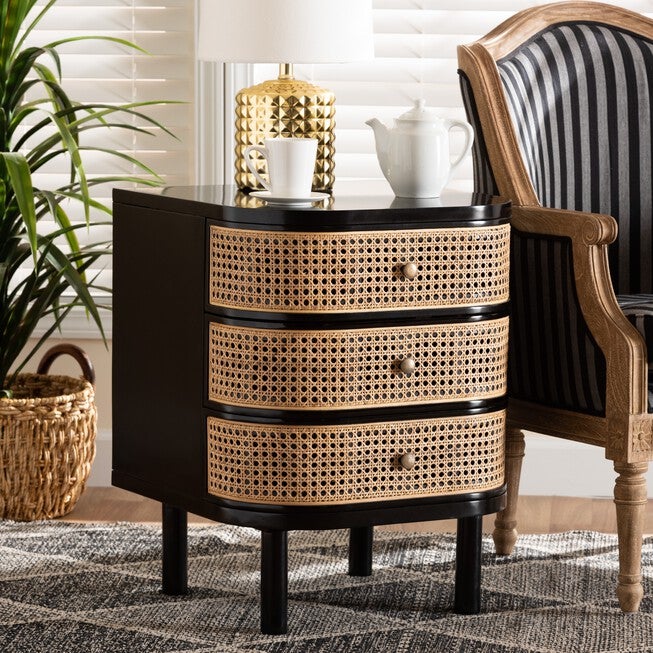 Nabila Modern Bohemian Black Bayur Wood And Natural Rattan 3-Drawer End Table Nightstand, , alternate image number 7