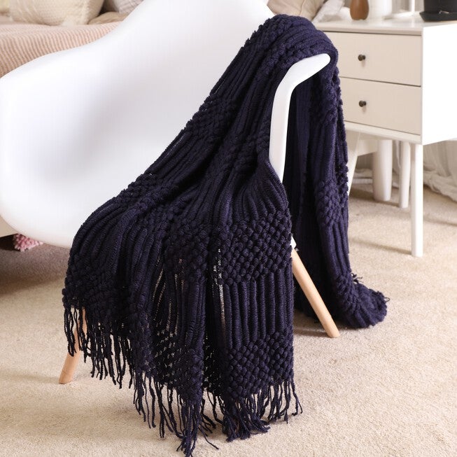Battilo Home Solid Lightweight Knit Patterned Throws for Sofa Home Decorative Bed Blanket, 50 inches x 60 inches, NAVY, hi-res image number null