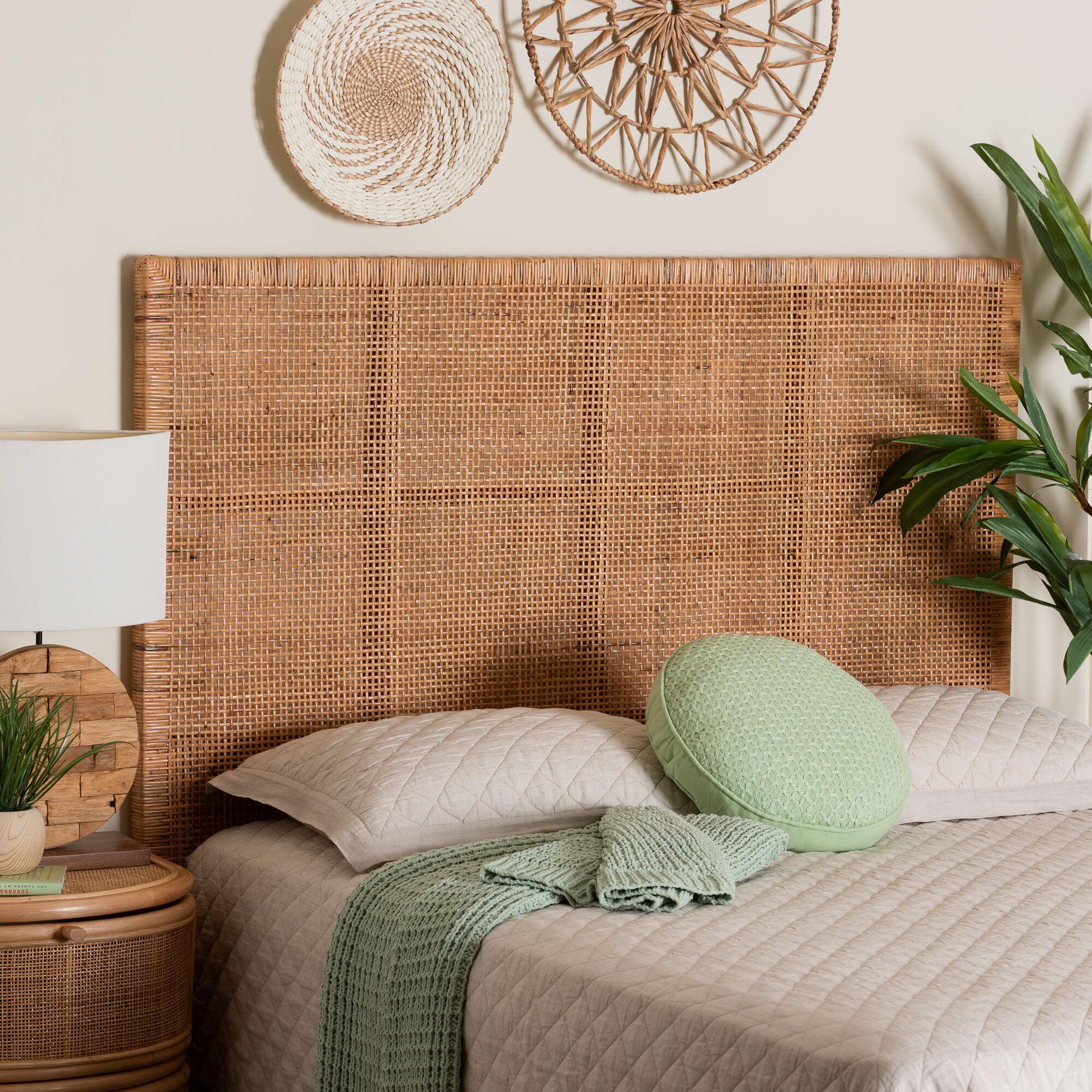 Lesia Bohemian Natural Rattan and Mahogany Wood Queen Size Headboard, LIGHT, alternate image number 4