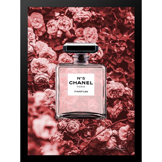 Chanel Bottle Floral Wallpaper Dark Pink 14" x 18" Framed Print, RED BLACK, hi-res image number null