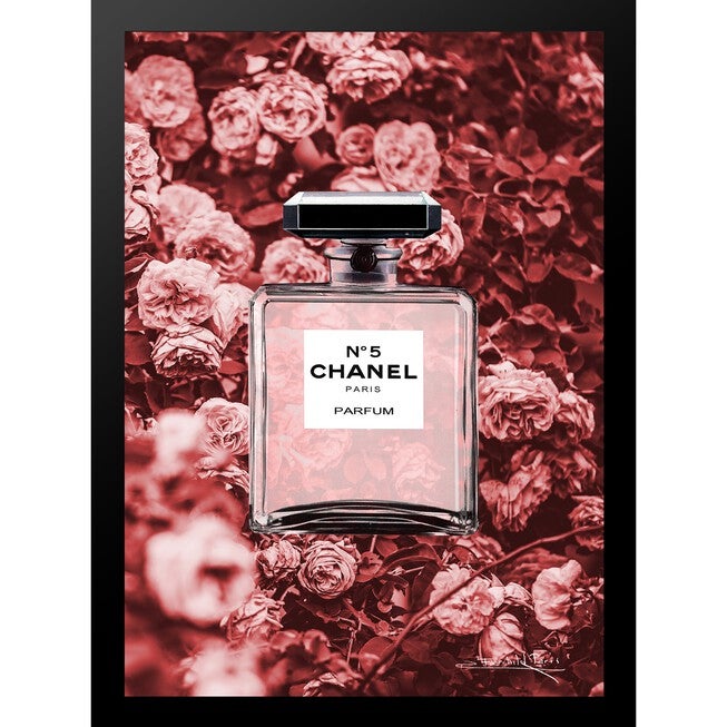 Chanel Bottle Floral Wallpaper Dark Pink 14 inches x 18 inches Framed Print, RED BLACK, hi-res image number null