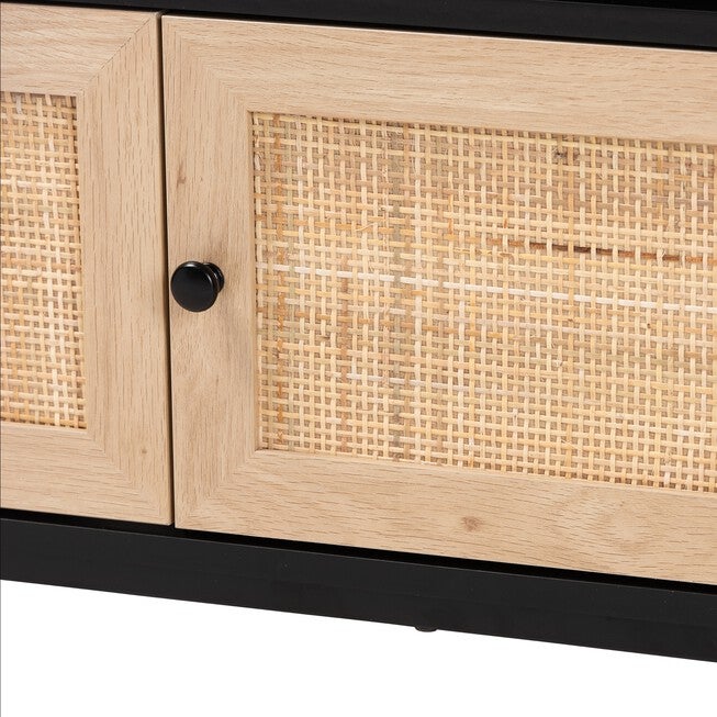 Declan Mid-Century Modern Espresso Brown Finished Wood And Natural Rattan 3-Door Tv Stand, , alternate image number null