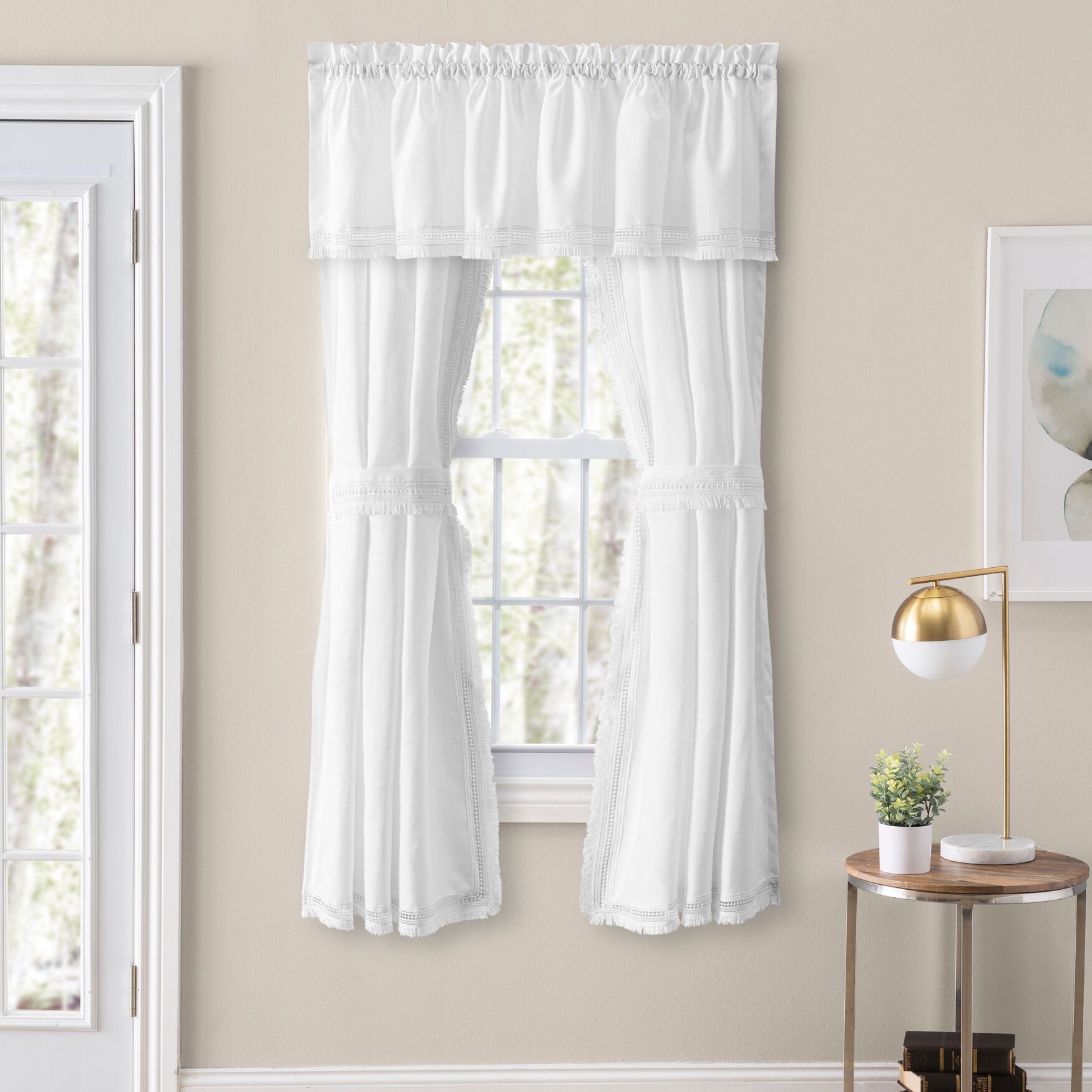 Brush Fringe Curtain Tailored Pair Tiebacks, WHITE, hi-res image number 0