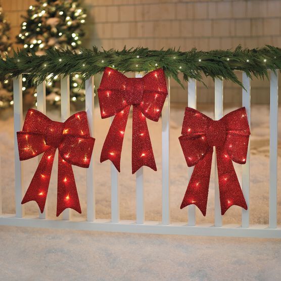 Pre-Lit Tinsel Bows, Set of 3, RED, hi-res image number null