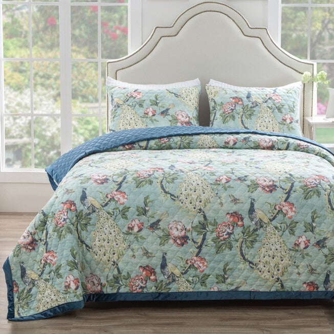 Pavona Velvet Garden Quilt And Pillow Sham Set, JADE, hi-res image number null