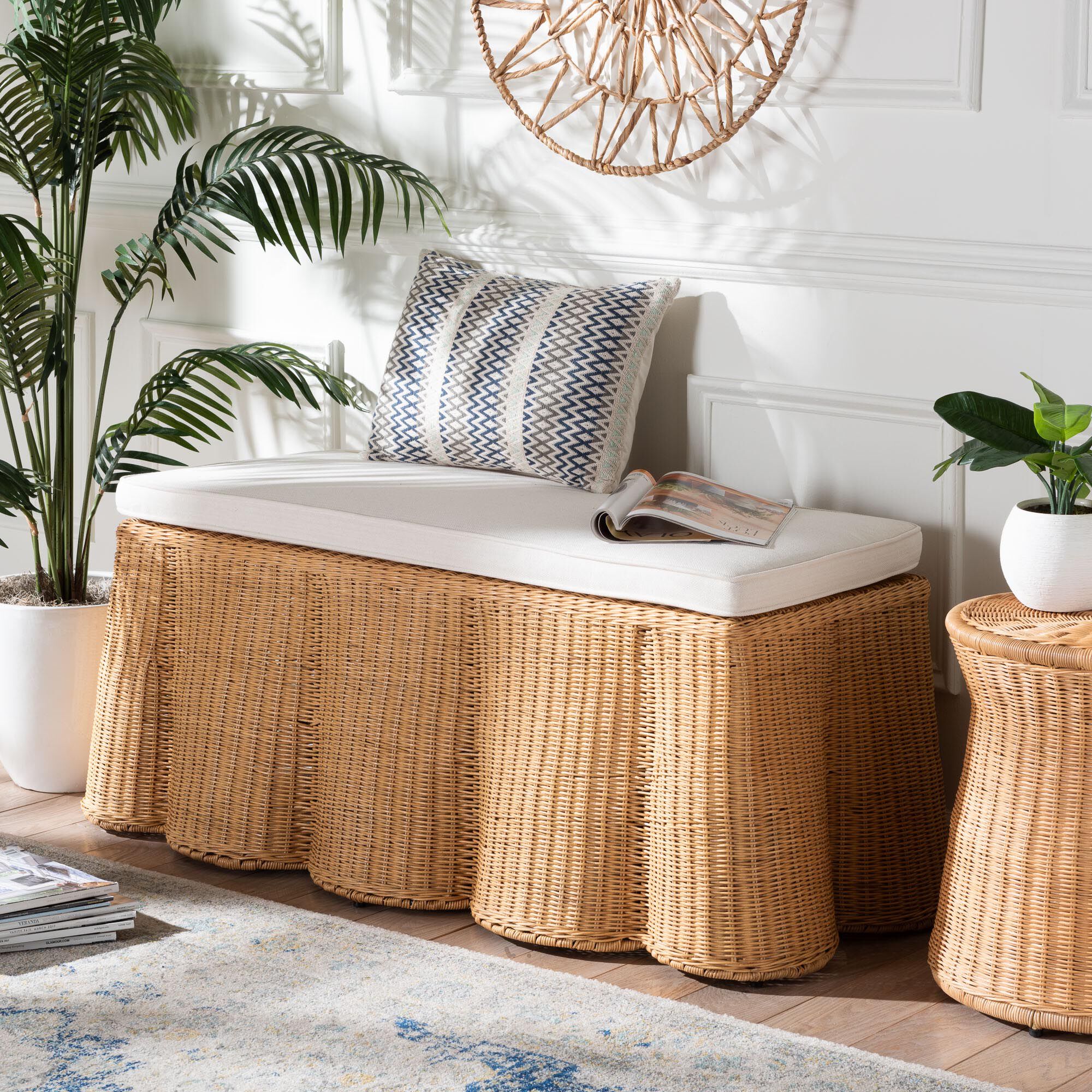 Palm Scallop Natural Rattan Ottoman, Rectangle, LIGHT HONEY, hi-res image number 0