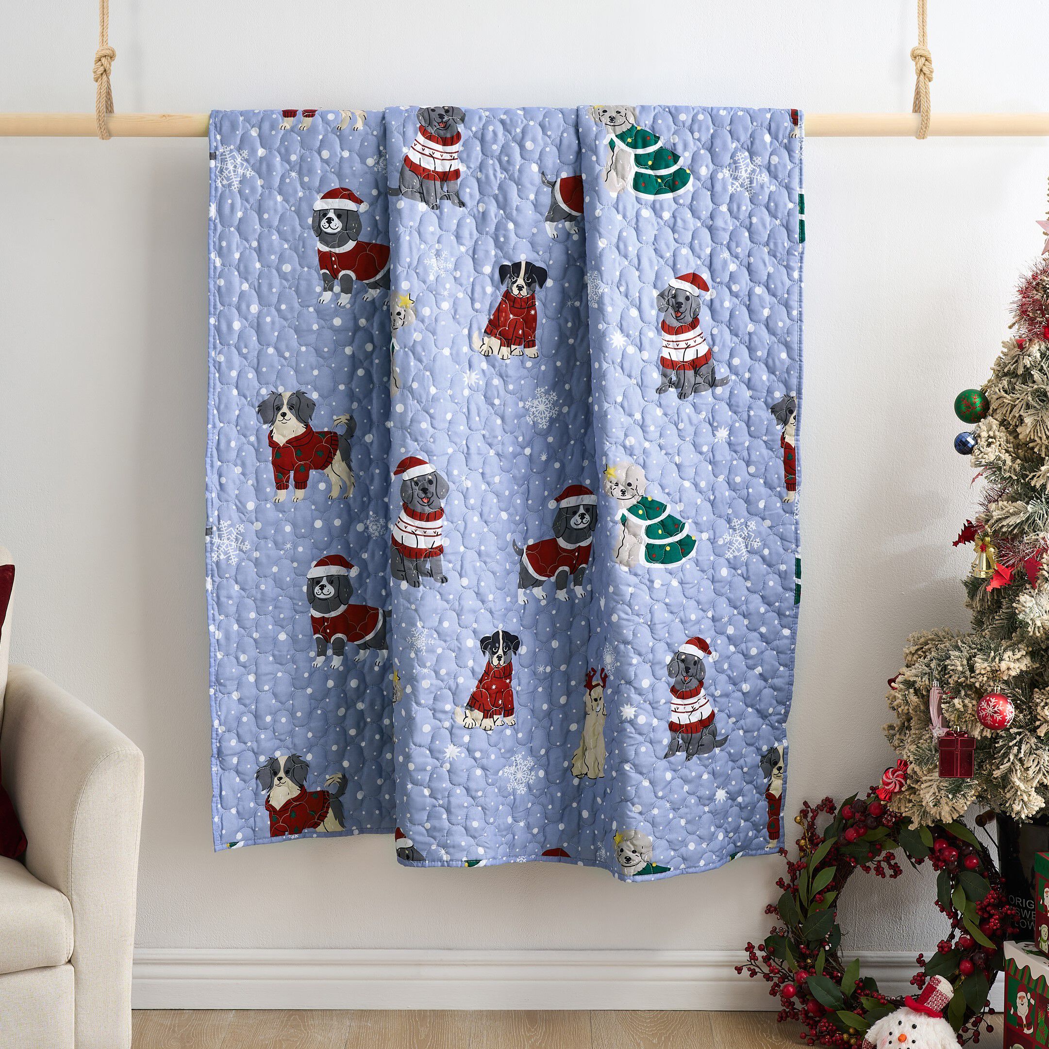 Winter Whiskers Novelty Holiday Quilted Throw Blanket, BLUE, on-hover image number 1